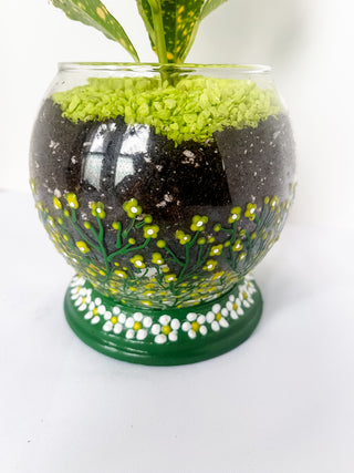 Glass hand painted container planter pot self-watering planter vase propagation station daisy green and yellow cottage core witchy magic crystal ball unique indoor gardening gifts hand-painted floral graphic flower Hogwarts herbology professor sprout practical magic