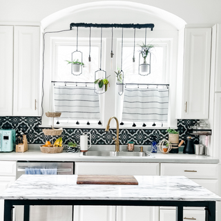 1990’s kitchen makeover into bright modern blue kitchen with trellis plants