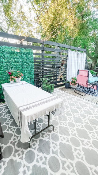 Grand millennial decor deck outdoor living makeover old house bungalow remodel diy on a budget whimsical cottage core outdoor dining traditional gardening style trellis Ehlers Danlos pink pastel decor
