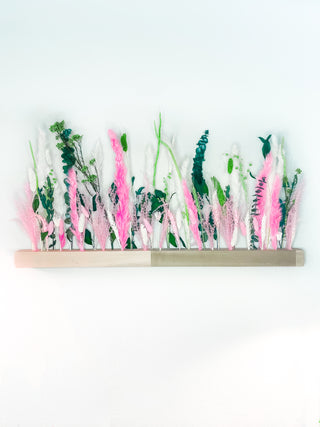 Pink and green whimsical cottage core Barbie dried floral arrangement centerpiece for home decor and weddings
