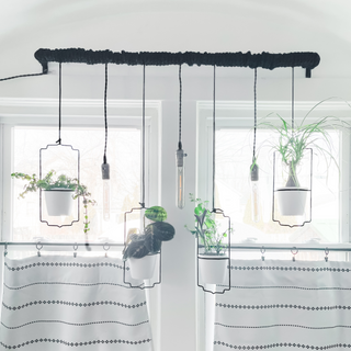 Hanging pendant light planter combination with decorative dimmable bulbs over kitchen lighting bohemian natural decor