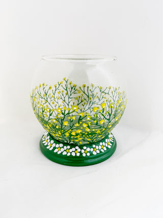 Glass hand painted container planter pot self-watering planter vase propagation station daisy green and yellow cottage core witchy magic crystal ball unique indoor gardening gifts hand-painted floral graphic flower Hogwarts herbology professor sprout practical magic