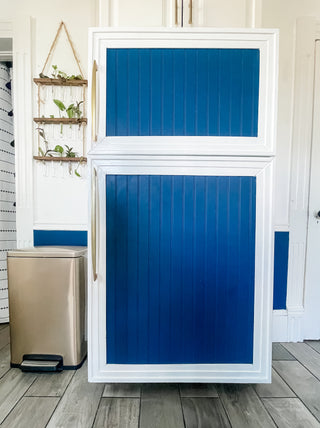 Old refrigerator makeover diy with gold handles camouflages fridge