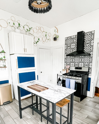 1990’s kitchen makeover into bright modern blue kitchen with trellis plants