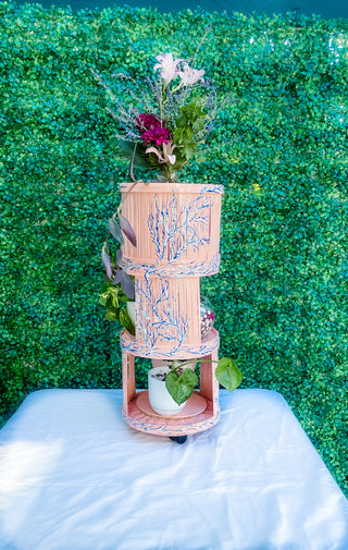 Glossy Blush Pink Tiered Plant Stand/Side Table with Hand-Painted Blue Floral Design- One-of-a-Kind Dopamine decor Barbiecore grand millennial tropical bohemian 