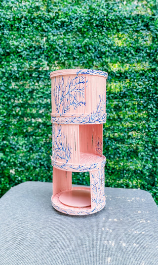 Whimsical Barbie core glossy blush pink handmade plant stand side table tiered lacquer table on wheels dopamine decor