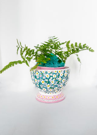 Self watering bottom watering ornate decorative ceramic planter set for moisture loving plants grandma chic grand millennial daisy ditsy floral print hand-painted dimensional bowl planter with weighted base Barbiecore girly decor  bloomington illinois local pickup florist 
