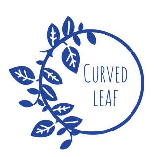 Blue vines with leaves go around a blue circle with the words curved leaf in the center
