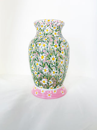 Glossy hand-painted glass vase with ditsy floral daisy print pink Barbie core cottagecore whimsical and cute flower vase for plants propagation or dried floral artist made unique patterned decor