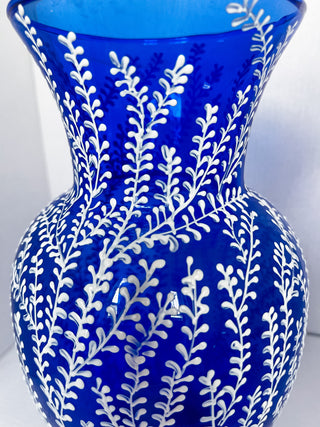 blue icey ice traditional decor trad design blue and white floral milk glass vintage upcycled upcycle hand-painted one-of-a-kind terracotta self-watering waterer plant solutions small business woman-owned gardening indoors ferns keep plants alive beautiful unique plant planter pots gifts coquette maximalist decor handmade chinoiserie blue Chinese ceramics pottery botanical regency Bridgerton duchess Daphne classy timeless gifts vase upcycled 