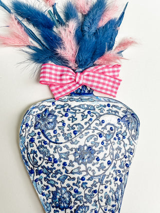 Blue and white floral-patterned vase with pink and blue feathers on a white background dried pink flowers ceramic vase on a white background curved leaf hand-drawn hand-painted print art prints affordable artwork artist made painted accents canvas paper blue & white ceramics chinoiserie vases ginger jar traditional decor Unframed Chinese pottery floral design trad grand millennial watercolor paper ready to frame elegance pink floral dried Gingham