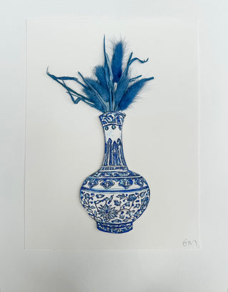 Blue and white floral-patterned vase with pink and blue feathers on a white background dried pink flowers ceramic vase on a white background curved leaf hand-drawn hand-painted print art prints affordable artwork artist made painted accents canvas paper blue & white ceramics chinoiserie vases ginger jar traditional decor Unframed Chinese pottery floral design trad grand millennial watercolor paper ready to frame elegance pink floral dried