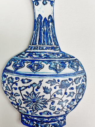 Blue and white floral-patterned vase with pink and blue feathers on a white background dried pink flowers ceramic vase on a white background curved leaf hand-drawn hand-painted print art prints affordable artwork artist made painted accents canvas paper blue & white ceramics chinoiserie vases ginger jar traditional decor Unframed Chinese pottery floral design trad grand millennial watercolor paper ready to frame elegance pink floral dried