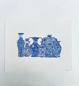 Chinoiserie Ceramics Grouping Print- Hand-Painted & Shadow-Mounted