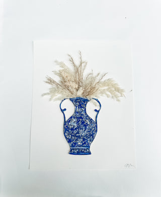 Blue decorative vase with dried pampas grass on a white background Blue and white floral-patterned vase with pink and blue feathers on a white background dried pink flowers ceramic vase on a white background curved leaf hand-drawn hand-painted print art prints affordable artwork artist made painted accents canvas paper blue & white ceramics chinoiserie vases ginger jar traditional decor Unframed Chinese pottery floral design trad grand millennial watercolor paper ready to frame elegance pink floral dried