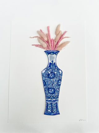 Blue and white floral-patterned vase with pink and blue feathers on a white background dried pink flowers ceramic vase on a white background curved leaf hand-drawn hand-painted print art prints affordable artwork artist made painted accents canvas paper blue & white ceramics chinoiserie vases ginger jar traditional decor Unframed Chinese pottery floral design trad grand millennial watercolor paper ready to frame elegance pink floral dried