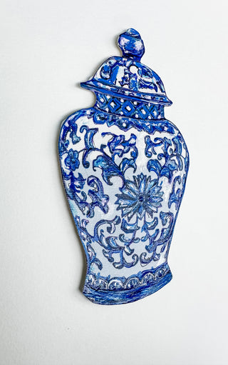 Blue and white ceramic vase on a white background curved leaf hand-drawn hand-painted print art prints affordable artwork artist made painted accents canvas paper blue & white ceramics chinoiserie vases ginger jar traditional decor Unframed Chinese pottery floral design trad grand millennial watercolor paper ready to frame elegance 
