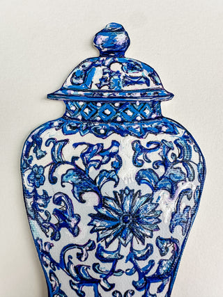 Decorative blue and white vase with intricate patterns on a light gray background Blue and white ceramic vase on a white background curved leaf hand-drawn hand-painted print art prints affordable artwork artist made painted accents canvas paper blue & white ceramics chinoiserie vases ginger jar traditional decor Unframed Chinese pottery floral design trad grand millennial watercolor paper ready to frame elegance 