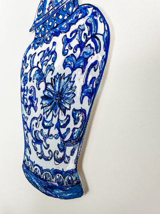 Blue and white ceramic vase on a white background curved leaf hand-drawn hand-painted print art prints affordable artwork artist made painted accents canvas paper blue & white ceramics chinoiserie vases ginger jar traditional decor Unframed Chinese pottery floral design trad grand millennial watercolor paper ready to frame elegance 