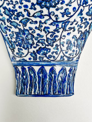 Blue and white ceramic vase on a white background curved leaf hand-drawn hand-painted print art prints affordable artwork artist made painted accents canvas paper blue & white ceramics chinoiserie vases ginger jar traditional decor Unframed Chinese pottery floral design trad grand millennial watercolor paper ready to frame elegance 