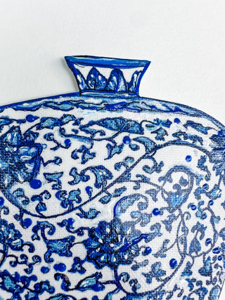 Blue and white ceramic vase on a white background curved leaf hand-drawn hand-painted print art prints affordable artwork artist made painted accents canvas paper blue & white ceramics chinoiserie vases ginger jar traditional decor Unframed Chinese pottery floral design trad grand millennial watercolor paper ready to frame elegance 