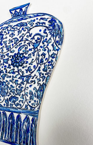 Blue and white ceramic vase on a white background curved leaf hand-drawn hand-painted print art prints affordable artwork artist made painted accents canvas paper blue & white ceramics chinoiserie vases ginger jar traditional decor Unframed Chinese pottery floral design trad grand millennial watercolor paper ready to frame elegance 
