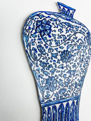 Blue and white ceramic vase on a white background curved leaf hand-drawn hand-painted print art prints affordable artwork artist made painted accents canvas paper blue & white ceramics chinoiserie vases ginger jar traditional decor Unframed Chinese pottery floral design trad grand millennial watercolor paper ready to frame elegance 