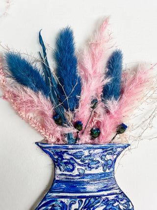Decorative vase with blue and pink dried pampas grass on a white background Blue and white floral-patterned vase with pink and blue feathers on a white background dried pink flowers ceramic vase on a white background curved leaf hand-drawn hand-painted print art prints affordable artwork artist made painted accents canvas paper blue & white ceramics chinoiserie vases ginger jar traditional decor Unframed Chinese pottery floral design trad grand millennial watercolor paper ready to frame elegance pink floral