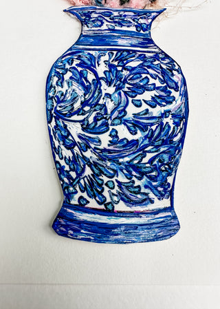 Blue and white floral-patterned vase with pink and blue feathers on a white background dried pink flowers ceramic vase on a white background curved leaf hand-drawn hand-painted print art prints affordable artwork artist made painted accents canvas paper blue & white ceramics chinoiserie vases ginger jar traditional decor Unframed Chinese pottery floral design trad grand millennial watercolor paper ready to frame elegance pink floral dried