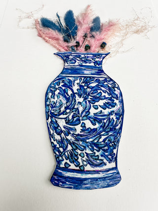 Blue and white floral-patterned vase with pink and blue feathers on a white background dried pink flowers ceramic vase on a white background curved leaf hand-drawn hand-painted print art prints affordable artwork artist made painted accents canvas paper blue & white ceramics chinoiserie vases ginger jar traditional decor Unframed Chinese pottery floral design trad grand millennial watercolor paper ready to frame elegance pink floral dried