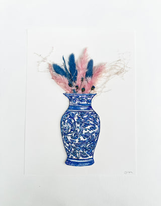 Blue and white floral-patterned vase with pink and blue feathers on a white background dried pink flowers ceramic vase on a white background curved leaf hand-drawn hand-painted print art prints affordable artwork artist made painted accents canvas paper blue & white ceramics chinoiserie vases ginger jar traditional decor Unframed Chinese pottery floral design trad grand millennial watercolor paper ready to frame elegance pink floral dried