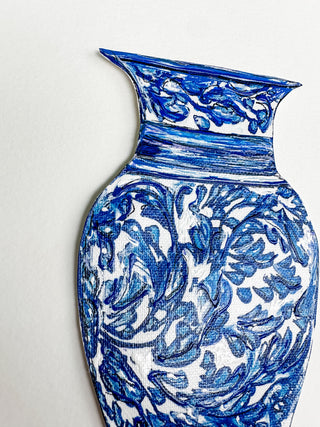 Blue and white ceramic vase on a white background curved leaf hand-drawn hand-painted print art prints affordable artwork artist made painted accents canvas paper blue & white ceramics chinoiserie vases ginger jar traditional decor Unframed Chinese pottery floral design trad grand millennial watercolor paper ready to frame elegance 