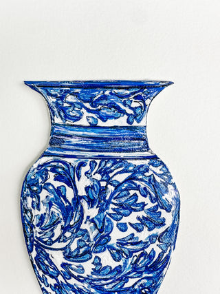 Blue and white ceramic vase on a white background curved leaf hand-drawn hand-painted print art prints affordable artwork artist made painted accents canvas paper blue & white ceramics chinoiserie vases ginger jar traditional decor Unframed Chinese pottery floral design trad grand millennial watercolor paper ready to frame elegance 