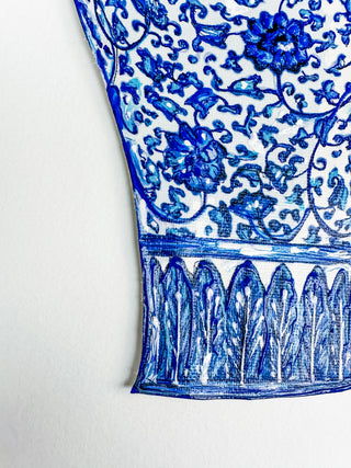 Blue and white ceramic vase on a white background curved leaf hand-drawn hand-painted print art prints affordable artwork artist made painted accents canvas paper blue & white ceramics chinoiserie vases ginger jar traditional decor Unframed Chinese pottery floral design trad grand millennial watercolor paper ready to frame elegance 