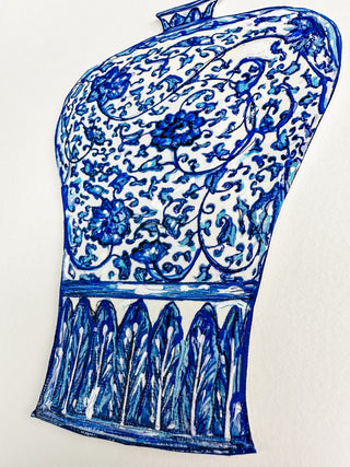 Blue and white ceramic vase on a white background curved leaf hand-drawn hand-painted print art prints affordable artwork artist made painted accents canvas paper blue & white ceramics chinoiserie vases ginger jar traditional decor Unframed Chinese pottery floral design trad grand millennial watercolor paper ready to frame elegance 