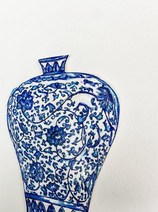 Blue and white ceramic vase on a white background curved leaf hand-drawn hand-painted print art prints affordable artwork artist made painted accents canvas paper blue & white ceramics chinoiserie vases ginger jar traditional decor Unframed Chinese pottery floral design trad grand millennial watercolor paper ready to frame elegance 
