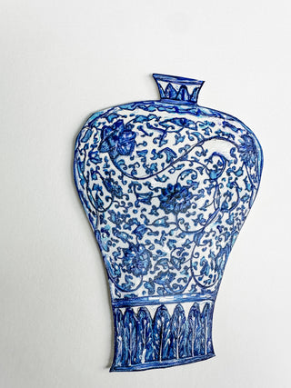 Blue and white ceramic vase on a white background curved leaf hand-drawn hand-painted print art prints affordable artwork artist made painted accents canvas paper blue & white ceramics chinoiserie vases ginger jar traditional decor Unframed Chinese pottery floral design trad grand millennial watercolor paper ready to frame elegance 