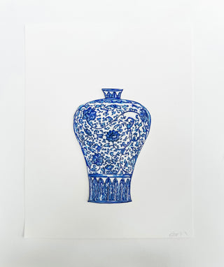 Blue and white ceramic vase on a white background curved leaf hand-drawn hand-painted print art prints affordable artwork artist made painted accents canvas paper blue & white ceramics chinoiserie vases ginger jar traditional decor Unframed Chinese pottery floral design trad grand millennial watercolor paper ready to frame elegance 