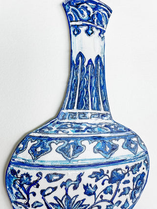 Blue and white ceramic vase with intricate patterns on a white background Blue and white ceramic vase on a white background curved leaf hand-drawn hand-painted print art prints affordable artwork artist made painted accents canvas paper blue & white ceramics chinoiserie vases ginger jar traditional decor Unframed Chinese pottery floral design trad grand millennial watercolor paper ready to frame elegance 