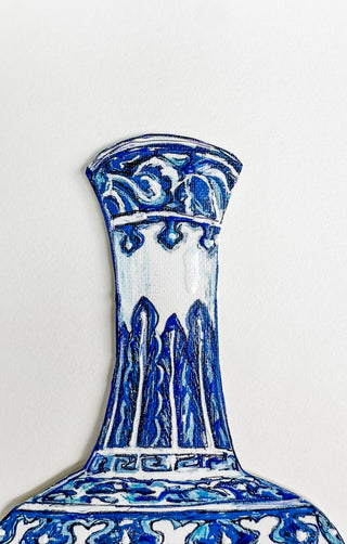 Blue and white ceramic vase on a white background Blue and white ceramic vase on a white background curved leaf hand-drawn hand-painted print art prints affordable artwork artist made painted accents canvas paper blue & white ceramics chinoiserie vases ginger jar traditional decor Unframed Chinese pottery floral design trad grand millennial watercolor paper ready to frame elegance 