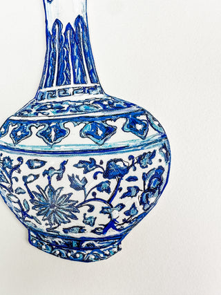 Blue and white ceramic vase with intricate patterns on a white background Blue and white ceramic vase on a white background curved leaf hand-drawn hand-painted print art prints affordable artwork artist made painted accents canvas paper blue & white ceramics chinoiserie vases ginger jar traditional decor Unframed Chinese pottery floral design trad grand millennial watercolor paper ready to frame elegance 