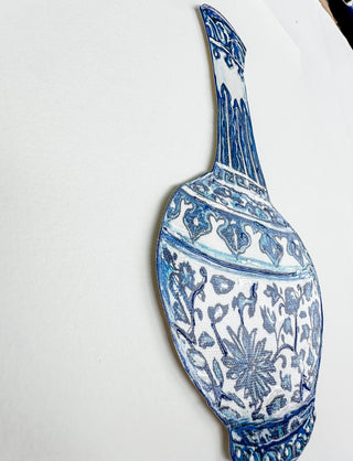 Decorative blue and white ceramic spoon rest on a white background Blue and white ceramic vase on a white background curved leaf hand-drawn hand-painted print art prints affordable artwork artist made painted accents canvas paper blue & white ceramics chinoiserie vases ginger jar traditional decor Unframed Chinese pottery floral design trad grand millennial watercolor paper ready to frame elegance 