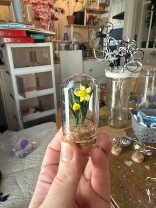 Spring in a Jar- Miniature Handmade Clay Flowers in Glass Cloche