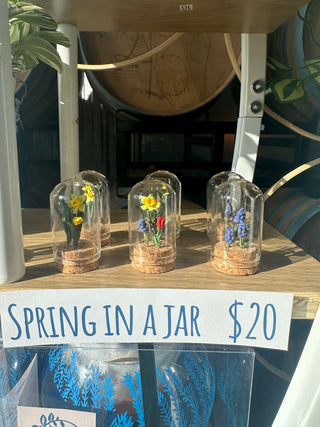 Spring in a Jar- Miniature Handmade Clay Flowers in Glass Cloche
