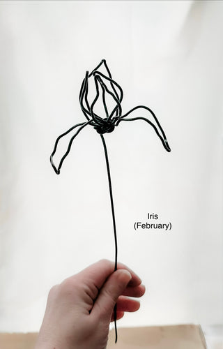 Iris irises flower stem wire metal floral flowers wedding faux plants leaves persevered wedding bouquet forver flowers unique gifts for moms and flower lovers birth month February gifts handmade small business curved leaf Mother’s Day custom bouquet mcm mid century whimsical modern minimalist dopamine decor made in America tabletop tablescape ideas houseplants leaves leaf decorations dried floral aluminum steel cute pretty flowers custom colors one-of-a-kind affordable fake flowers artificial