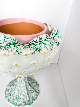 Vintage hand-painted milk glass eco friendly small business handpainted floral ditsy daisy vintage self watering planter tall tower unique Disney planter Rapunzel floral vines dopamine coquette whimsical girly planter pot set kawaii self-watering planter pot upcycled retro Disney one-of-a-kind made in USA 
