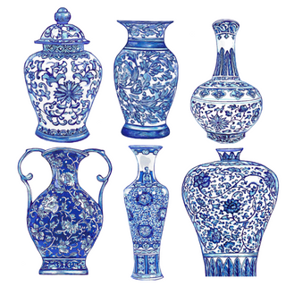 Hand drawn painted digital scan canvas paper print blue and white transparent background classic traditional decor chinoiserie vase grand millennial trad decor art clip art Chinese pottery ceramics hand-drawn ginger jar transparent background minimal art Urn vase ceramics artist made handdrawn affordable art cheap wall decor support artist and small business watercolor bridgerton