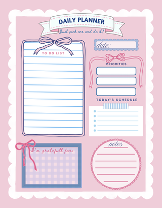 Daily planner with various sections on a pink background scalloped border cute pretty dopamine coquette cutesy day to-do list notebook adhd friendly checklist life hack kawaii small business bows mental health journal gratitude practice 
