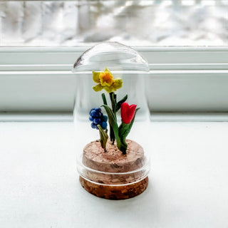 Spring in a Jar- Miniature Handmade Clay Flowers in Glass Cloche