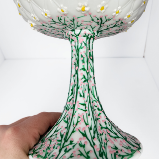 Decorative glass vase with floral patterns held by a hand on a white background Decorative ice cream-themed planter with a pink base and green top on a white background Vintage hand-painted milk glass eco friendly small business handpainted floral ditsy daisy vintage self watering planter tall tower unique Disney planter Rapunzel floral vines dopamine coquette whimsical girly planter pot set kawaii self-watering planter pot upcycled retro Disney one-of-a-kind made in USA 
